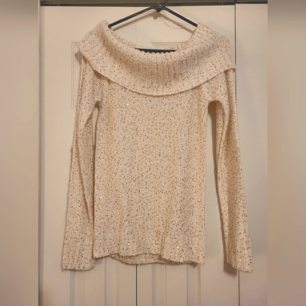 Juniors Ivory Sequined Cowl Neck Sweater